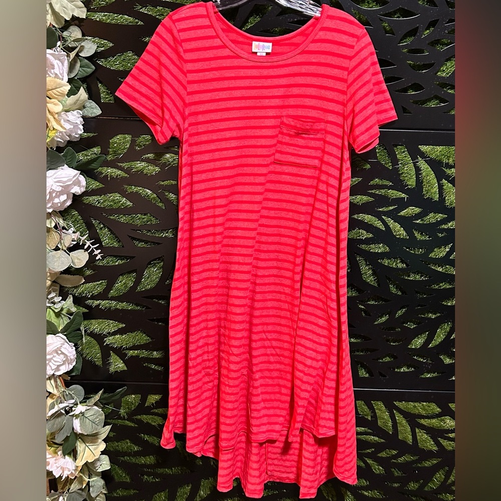 ✅LuLaRoe Red Striped heathered CARLY w/pocket Dress, Women's XS